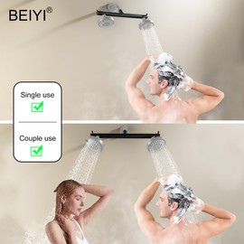 Beiyi Dual Shower Head Adapter Build-in Shut Off Valve for DIY Yourself Shower Head Combo G1/2 Connection for Double Shower Heads for Two People Rod, Matte Black