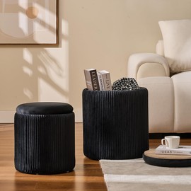 Round Ottoman with Storage Set of 2-Upholstered Sherpa Vanity Stool for Makeup Multifunctional Ottomans Coffee Table Padded Seat Foot Rest for Living Room&Bedroom(Sherpa, Black)