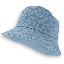 styleBREAKER Damen Wendehut 2-in-1 | Reversible Bucket Hat mit Leopard Print & Unifarbener Denim-Seite | Jeans Fischerhut für Freizeit, Strand, Festival, Sommerhut aus Baumwolle, Farbe:Hellblau