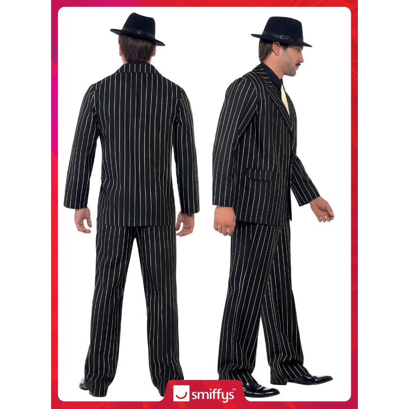 Smiffys Gold Pinstripe Gangster Costume, Black, XL - Size 46inch-48inch