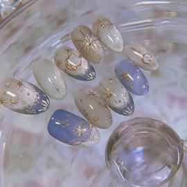 24Pcs Almond Press on Nails Medium Fake Nails with Gold Chrome Star Moon Design Artificial Nails Light Blue French Tip Glue on Nails Glossy Reusable Summer False Nails for Women Girls Manicure 24pcs