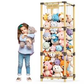 Keeswin 200L Stuffed Animal Zoo Storage, 3-Tier Extra Large Stuffed Animal Holder, Solid Bamboo Plushies Storage Tower with Mesh Pocket and Elastic Cords, Space Saver for Nursery Playroom Bedroom