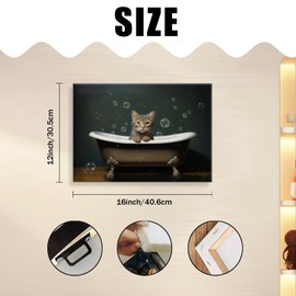 Modern Wall Art 16"X12" Painting Artwork Framed for Living Room Bedroom Bathroom Office Home Decor, Playful Cat in Vintage - inspired Bathtub Pictures on Canvas Art Painting