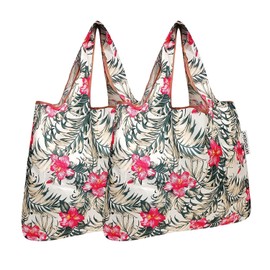 allydrew Foldable Tote Nylon Reusable Grocery Bag (Set of 2), Tropica Pink Floral