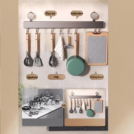 GHYFFF 2pcs Utensil Racks with 8 Hooks, Suction Cup Wall Mount Kitchen Utensil Holders,Utility Hooks for Kitchen Utensils/Tools/Towel/Knife(Black),NO-Drilling Removable Organizer Hooks (8 Hook)