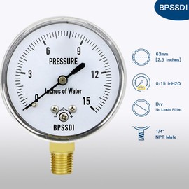 BPSSDI 0-15 Inches of Water Column Gauge, Low Pressure Gauge, Capsule Gauge, 304 Stainless Steel Case, 2.5" Dial Size, 1/4" NPT Lower Mount, Zero Adjustment, for Air Water Gas Pressure Test