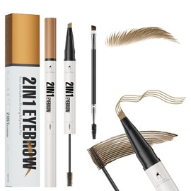 Eyebrow Pencil with Eyebrow Gel, 2-in-1 Microblading Eyebrow Pen and Brow Gel with 4 Fork Tip & Precise Brush-Tip for Fuller-Looking Defined Brows, 24H Wear, Waterproof & Smudge-proof, Light Brown