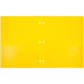 JAM PAPER Heavy Duty Plastic 3 Hole Punch Pocket Folders - Extra Tough School Folders - Yellow - 3/Pack