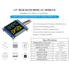 1.5inch RGB OLED Display Module, 128x128 Pixels 16-bit High Color (65K Colors) 1351 Driver, SPI Interface, Compatible with Arduino Raspberry Pi Ardui Jetson Nano STM32,etc.