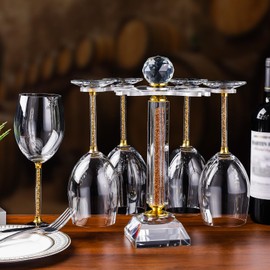 Hanjue Crystal Glass Stemware Rack, Rotates to Hold 6 Wine Glasses, Crystal Wine Glass Holder,Stemware Holder for Wet Bar Home Bar, Bar Cart (gold crush diamonds)