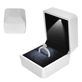 Colexy Ring Box with LED Light, LED Ring Box, Illuminated, Velvet Jewellery Gift Box with LED Interior Lighting, Jewellery Presentation Box, for Engagement, Marriage Proposal, Wedding (White)