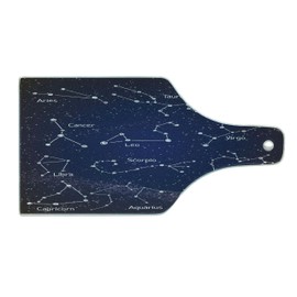 Ambesonne Constellation Cutting Board, Doodle Chalk Writing Style Zodiac Star Clusters and Sign Names, Decorative Tempered Glass Cutting and Serving Board, Wine Bottle Shape, Blue Dark Blue White