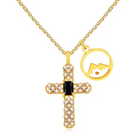 Tobestu YA4785 - Collar de cruz de circonita cúbica chapada en oro para mujeres y hombres, colgante redondo de semillas de mostaza de montaña, Latón, Circonia cúbica