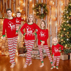 Trsenvrml Family Matching Christmas Pyjamas Set Xmas Pjs Gifts for Adults Children Baby Christmas Tree Elk Print Red 100% Cotton Sleepwear Long Sleeves, Red Wild