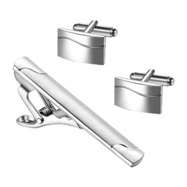 JewelryWe Tie Clip Cuff Links: Mens Silver Brass Necktie Clips Bar Cufflinks Business Dress Shirts Wedding Tuxedo Classic Cufflink for Groom Ceremony Party Daily Life Elegant Gift