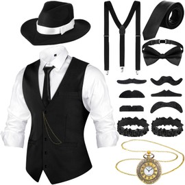 SATINIOR 1920s Mens Costume Roaring Outfit with Gangster Vest Hat Pocket Watch Suspenders(Medium,Black, Black White)