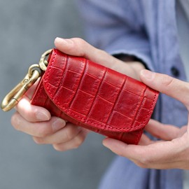 VINCENT CRAFTED Made in Japan Tochigi Leather Paisley Carabiner Key Case & Coin Purse PAOLO Key Holder Women Smart Key Case Coin Purse Men's Key Ring, Exclusive Croco Red