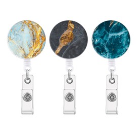 Amabro 3 Pack Marbled Retractable Badge Holder Clip Heavy Duty ID Badge Holder Clip with Cute Key Ring Durable Nylon Rope Double Sided Printed Alligator Clip Belt Clip
