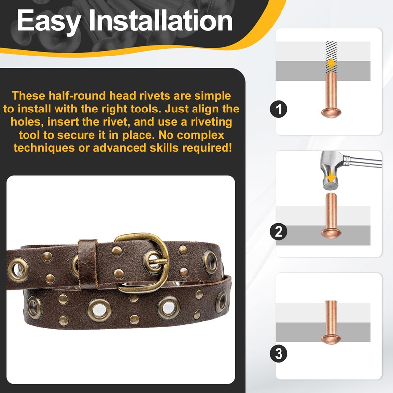 sourcing map 150 Pcs Copper Solid Rivets, 0.12"x0.31" Half Round