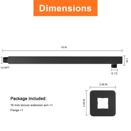 HarJue Shower Arm, Rain Shower Head Extension Extender, With Flange and Teflon Tape, Made of Thicken Stainless Steel for Bathroom Rainfall Shower (16 Inch, Matte Black)