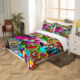 Homemissing Hippie Graffiti Style Duvet Cover Set Single Size For Kids Boys Teens Graffiti Graphic Bedding Set Street Culture Comforter Cover with 1 Pillowcase Hip Hop Music Bed Sets