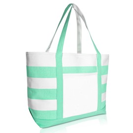 DALIX Striped Boat Bag Premium Cotton Canvas Tote White Mint Green