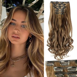 Extensiones de Cabello Natural Ondulado, 6 piezas, Extensiones de Cabello Natural con Clip, Clip Extensiones, Tamaño Ajustable, Resistente al Calor Extraíbles y Reutilizables (Marrón oscuro a castaño)