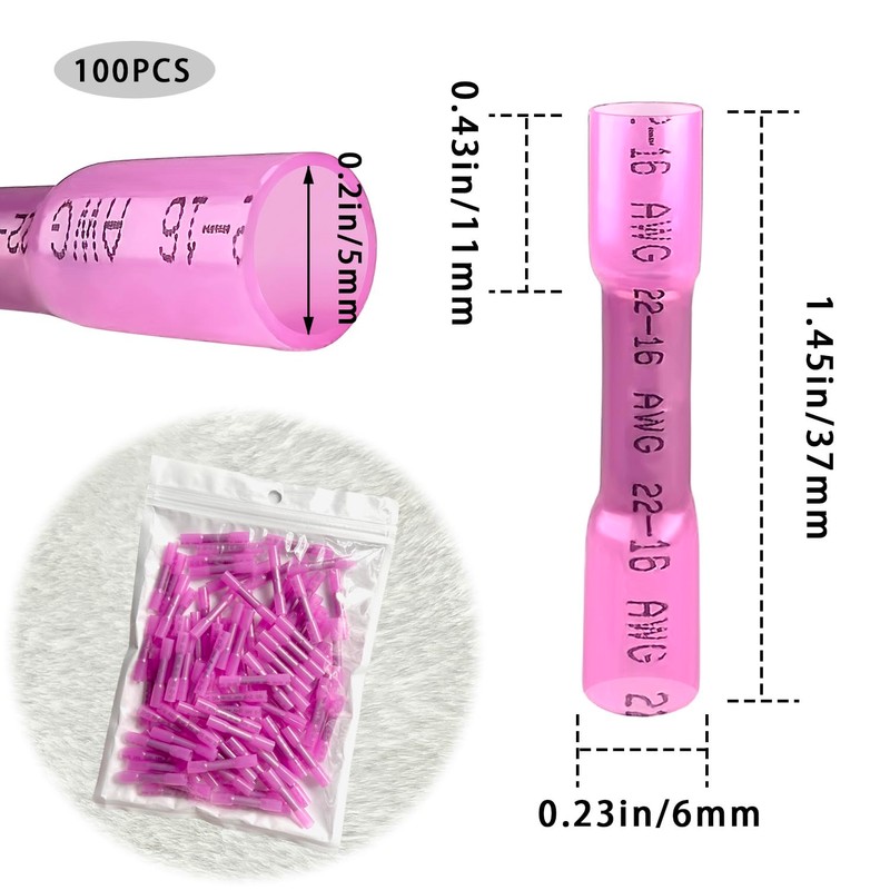 Heat Shrink Butt Wire Connectors, 100 Pcs 22-16 AWG Red