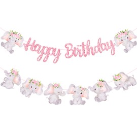 Pink Elephant Happy Birthday Banners - Baby Shower Decoration for Girl Themed Party - Cutout Jungle Party Supplies