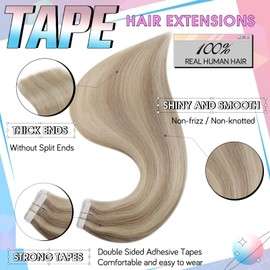 Hetto Tape in Hair Extensions Human Hair Glue in Extensions Remy Hair Natural Tape in Hair Extensions Dirty Blonde 18 Inch #17/23 Highlight Light Blonde 50g 20pcs