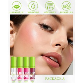 Hydrating Lip Glow Oil-4 Colors Tinted Plumping Lip Oil Gloss,Fat Lip Oil Drip Liquid Lipstick,Clear Pink Shiny Glow Reviver Lip Care Oil,Long Lasting Non-sticky Transparent Lipgloss,Makeup Gift-SetA