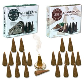 Incense Cones - Combo Pack of 20 Cone Incense - 10 White Sage + 10 Sandalwood - Insence Cones - Incense Cones Scented - Cone Incense Scents - Insense Cones - Incent Cone