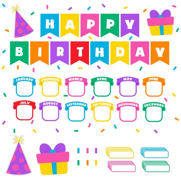 Decorably 89Pcs Confetti Happy Birthday Bulletin Board Set for Classroom