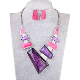 Fenni Jewelry Women Irregular Geometric Shape Chunky Bib Statement Necklace and Earrings Jewelry Set for Dress (Pink_Purple)