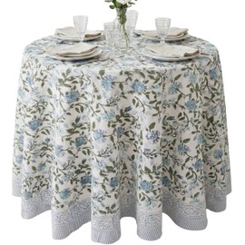 ATOSII - Mantel redondo 100% algodón azul Mahoka, mantel floral con estampado de bloques para cenar, fiestas, bodas, al aire última intervensión, día festivo I 60 pulgadas, I Grandmillennial Farmhouse
