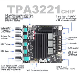 ZK-ST21 TPA3221 Bluetooth Power Amplifier Board with Subwoofer 2.1 Channel 100W×2+200W, 12V-30V Audio Power Amplifier Module with Treble and Bass Control