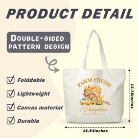 Fall Tote Bag, Farm Fresh Pumpkins Canvas Tote Bags, Autumn Harvest Gifts For Women, Fall Present Bag, Thanksgiving Gifts For Friends Family, Aesthetic Shopping Totes Reusable Grocery Bags -13