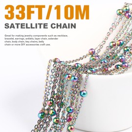 33 Feet Multicolor Satellite Bead Chains Roll, 2mm 304 Stainless Steel Rainbow Ball Beaded Cable Link Chains Spool Bulk for Jewelry Making DIY Craft