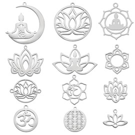COGCHARGER 12 Pieces Stainless Steel Charm Pendant Chakra Lotus Laser Cut Charm Mixed Shapes Pendant for Jewelry Necklace Bracelet Earring Making Crafts