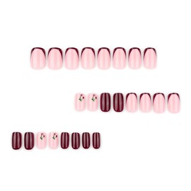 24Pcs Press on Nails Short Square LINMEIZAI French Fake Nails Press ons Nail Tips Glue on Nails Full Cover Acrylic Nail Kit False Nails Stickers Nail Art with Wine Red Cherry Design for Women Manicure