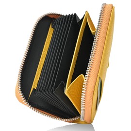 QUARE Men's Card Case, Card Holder, Coin Purse, Mini Wallet, Large Capacity, Compact, Small, Skimming, Genuine Leather Coin Case, yellow