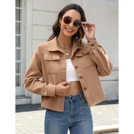 Zeagoo Women Fashion Cropped Woolen Shacket Button Down Brown Casual Long Sleeve Crop Shirts Jackets Tops