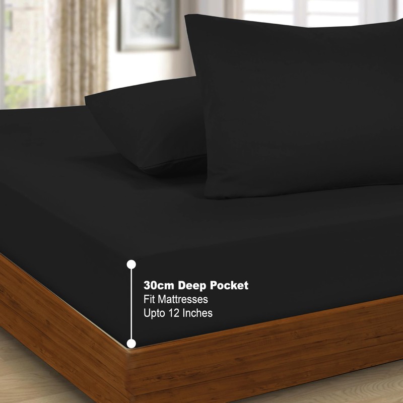 Funky Gadgets Double Fitted Sheet Black Deep Pocket 12 Inch