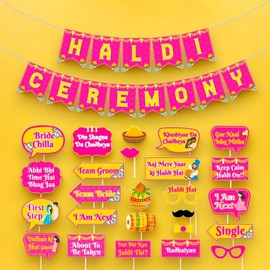 LOVENSPIRE 25 Pcs Haldi Photo Booth Party Props & 1 Pcs Haldi Ceremony Banner Wedding Photoshoot Haldi Decoration Marriage Props for Bride and Family