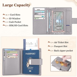 JUYANO Women's Small Leather Wallet with RFID Blocking, 14 Card Slots, Passport Organiser with Zip Chain and Lanyard for Daily Use and Travel, gray