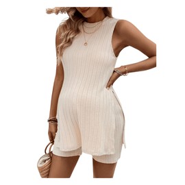GORGLITTER Women's Maternity Two Piece Set Ribbed Knit Split Tank Tops Adjustable Waist Skinny Shorts Pregnancy Set Khaki X-Large