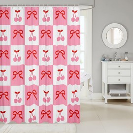 Feelyou Cheery Bowknot Shower Curtain 72"x72" Pink Cherry Bathroom Shower Curtain Set for Boys Girls Teens Cherry Pattern Bath Curtain Dreamy Princess Style Kids Bathroom Accessories Medium Pink