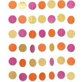 MOWO Hot Pink Orange and Gold Paper Garland Circle Dots Hanging Decoration for Birthday Graduation Wedding Bachelor Bachelorette Party, 2.5'' in Diameter, 10-feet, 2 Strands