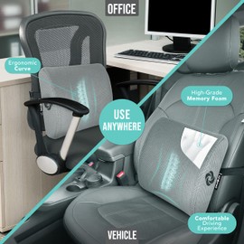 SAMSONITE Lumbar Support Pillow for Office Chair and Car Seat, Perfectly Balanced Memory Foam, Versatile Use Lower Back Cushion, Gray