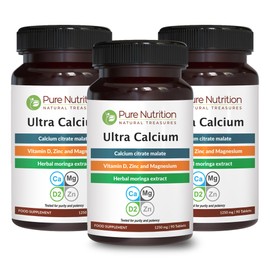 Pure Nutrition Ultra Calcium Citrate 1000mg Highly absorbable Calcium Supplement with Calcium Citrate Malate,Vitamin D,Zinc and Magnesium-1 Tablet Daily (90 Veg Tabs) Non-GMO |Gluten-Free-(Pack of 3)